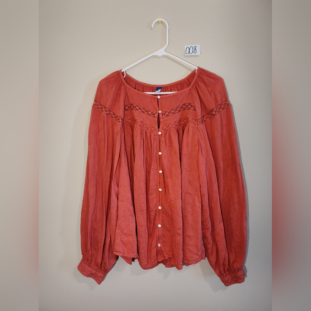 Coral embroidered button up long sleeve peasant blouse